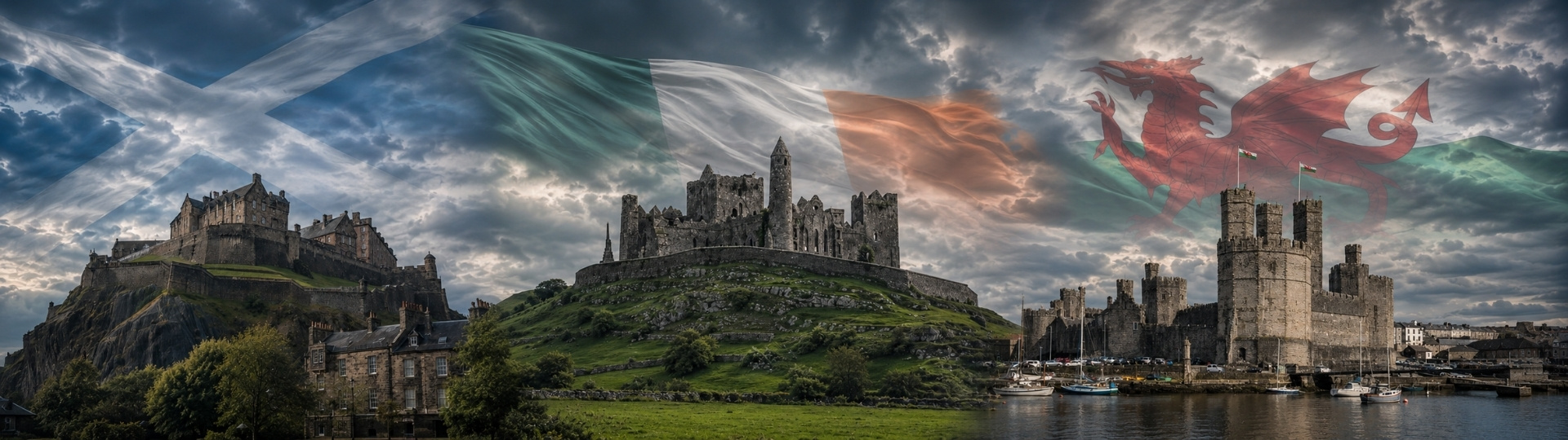 Montaje panorámico con castillos y banderas de Escocia, Irlanda y Gales bajo un cielo nublado, asociado a cursos de inglés