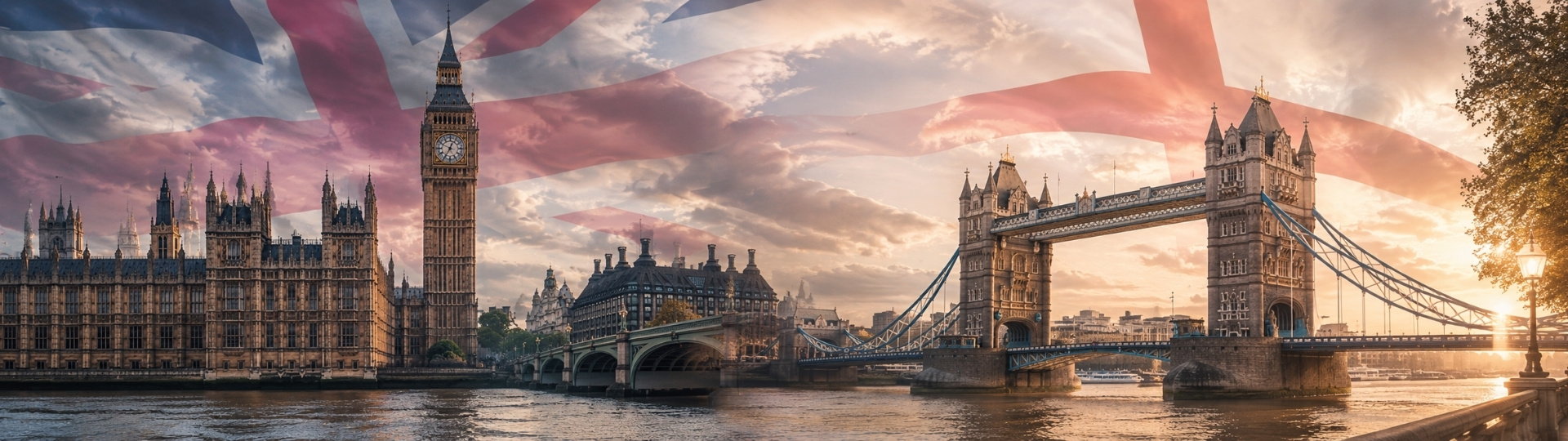 Montaje panorámico de Londres con Big Ben, Tower Bridge y bandera británica superpuesta para cursos de inglés